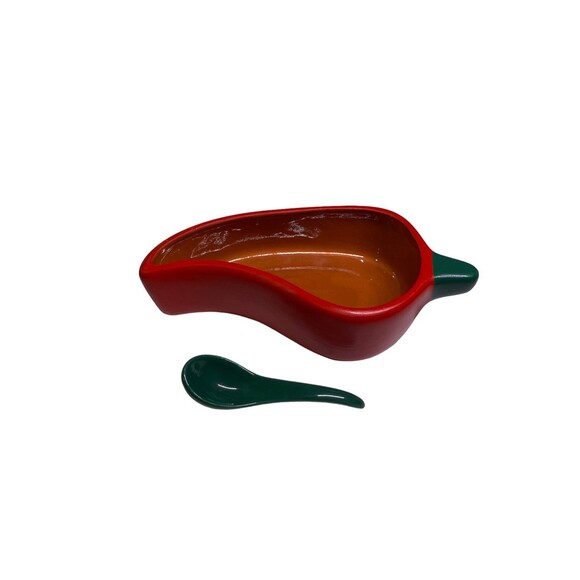 Red Chili Pepper Dip Bowl And Spoon Dish Clay Art Hand Painted Salsa Bowl - Picture 3 of 14